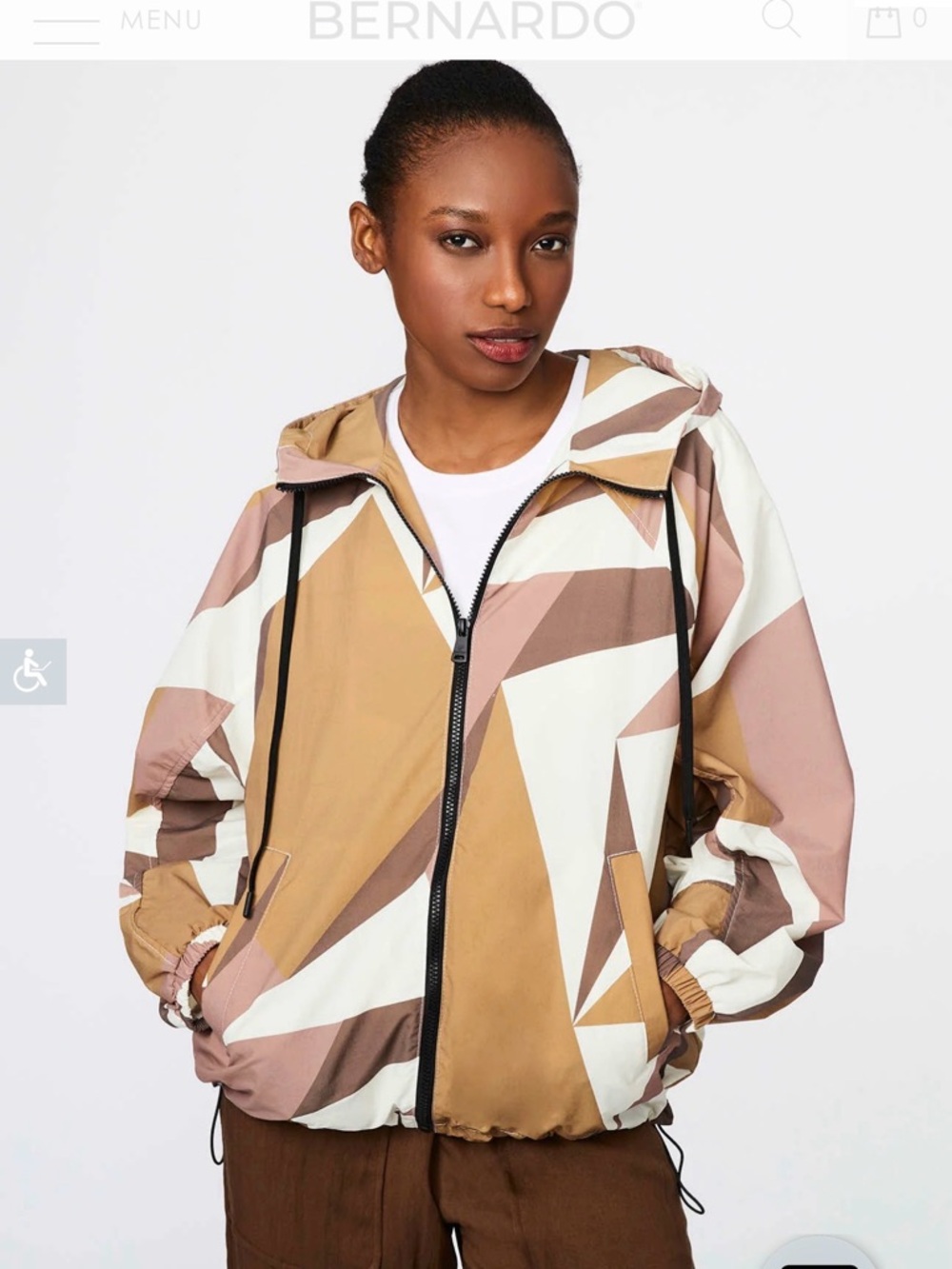 Bernardo Geometric Colorblock Hooded Bomber Jacket - Tan/White/Pink